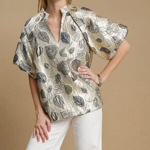Umgee Elegant Blouse with Gold and Black Accents Abstract Metallic Print Top M